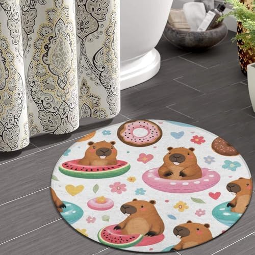 Fashion Round Area Rug Large Non Slip Carpet, Cute Capybaras Unisex Home Decor Mat