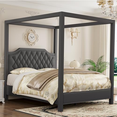 Upholstered Canopy Bed Queen Size with Button Tufted headboard