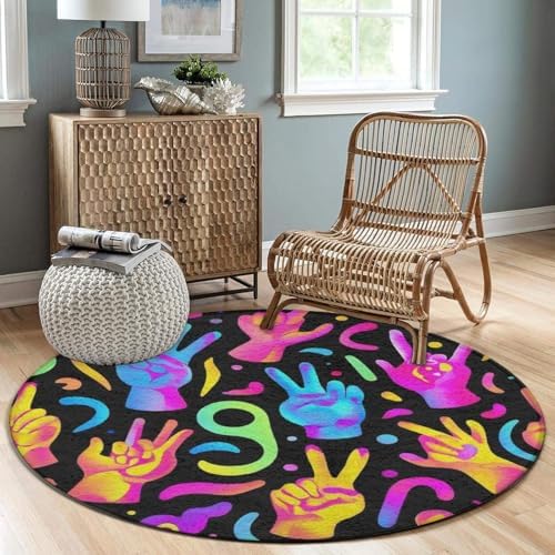 Large Machine Washable Circular Rugs, Home Decor Round Mat for Living Room Sofa Office Trippy Neon Hands