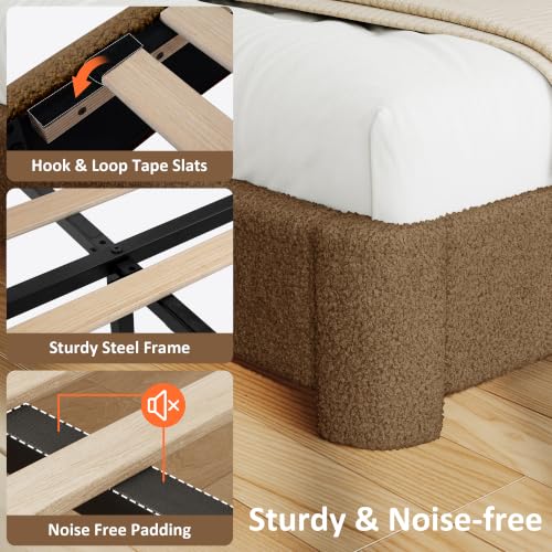 WEUP Queen Upholstered Bed Frame, Brown Cloud Boucle Bed with Headboard