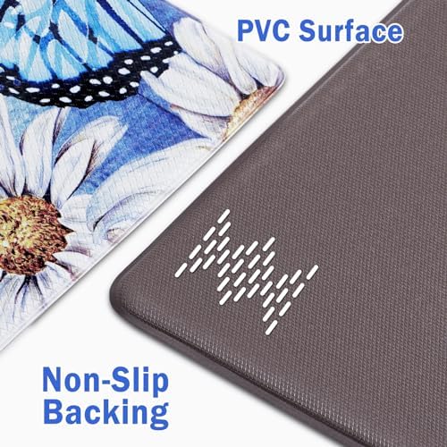Likiyol Butterfly Kitchen Rugs Set of 2 Kitchen Mats for Floor Farmhouse Anti Fatigue Mats for Kitchen Floor, Daisy Kitchen Rugs Non Slip Washable Standing Floor Mats, 18'' x 30'' + 18'' x 48'', Blue