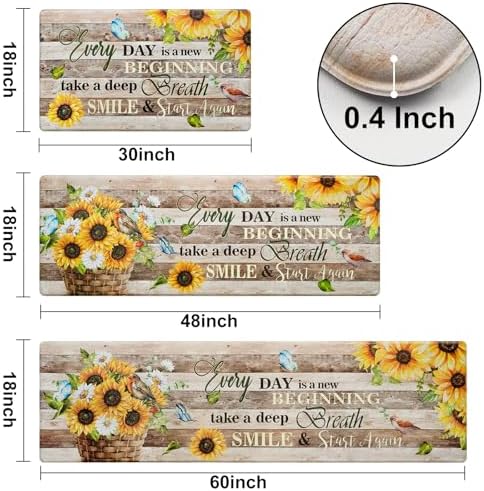 Likiyol Sunflower Kitchen Mats for Floor [3 PCS] Anti Fatigue Mats for Kitchen Floor, Floral Farmhouse Kitchen Rugs Non Slip Washable Comfort Kitchen Decor Mat, 18'' x 30'' + 18'' x 48'' + 18'' x 60''
