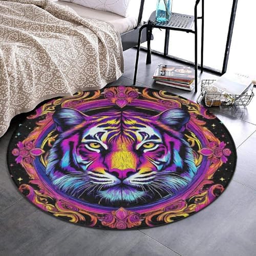 Large Round Area Rug Home Decor Modern Bathroom Rug Kitchen Office Circle Rug for Living Room Sofa Circle Cute Mat Magical Animal King Tiger Art, 60inch