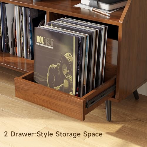 55 Inch Record Player Stand with LED Light, Walnut