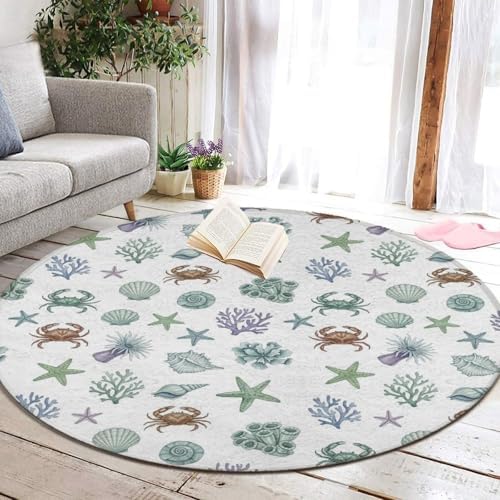 Large Home Decor Mat, Soft Round Yoga Carpet, Non Slip Machine Washable Home Office Circle Rug Under Sea Ocean Starfish Shell Coral Crab Watercolor, 60inch