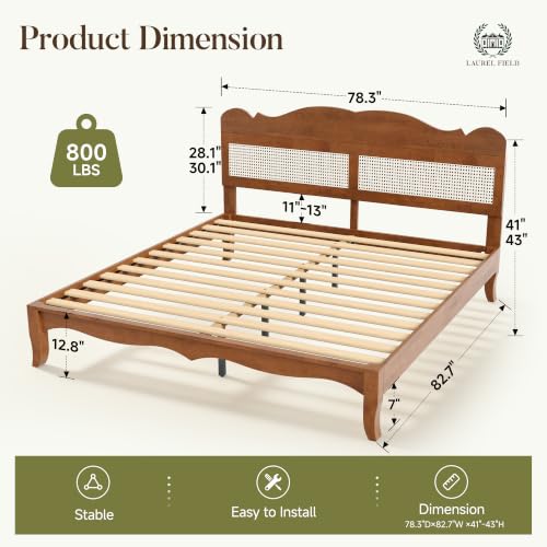 Solid Wood Bed Frame King Size with Adjustable Headboard,Brown