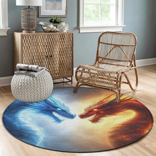 Fashion Round Area Rug Large Non Slip Carpet, Cool Blue Ice Fire Dragon Unisex Home Decor Mat