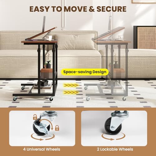 Giantex Mobile Standing Desk, Adjustable Rolling Computer Desk w/Tilting Desktop & Storage Shelves, PC Laptop Table, Small Compact Desk on Wheels for Small Space, Living Room & Bedroom (Rustic Brown)