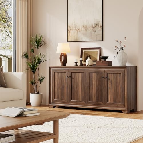 60" Buffet Cabinet with Storage, 4 Doors & Adjustable Shelves Brown