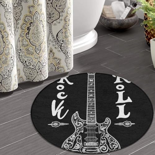 Large Machine Washable Circular Rugs, Home Decor Round Mat for Living Room Sofa Office Rock and Roll Musical Instruments Music Guitar