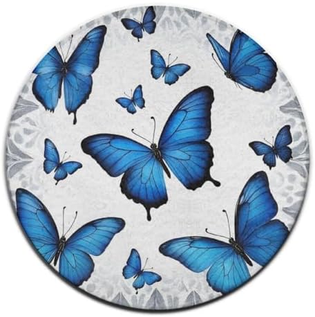 Large Machine Washable Circular Rugs, Home Decor Round Mat for Living Room Sofa Office Beautiful Blue Butterfly