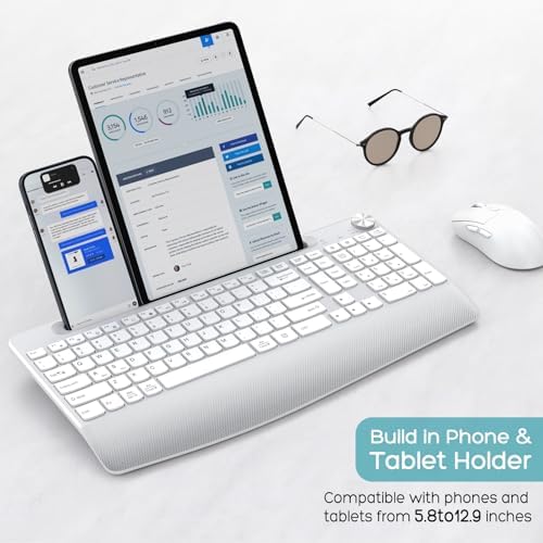 GAMCATZ Wireless Keyboard and Mouse - Full-Sized Ergonomic Keyboard with Wrist Rest, Phone Holder, Volume Knob,2.4GHz Silent Cordless Keyboard Mouse Combo for Computer, Laptop, PC, Mac, Windows -White