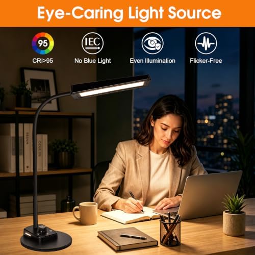 LED Desk Lamp, 12W/2000LM Desk Lamps for Home Office, Bright Gooseneck Desk Light for Work, Study & Reading, 5 Modes Dimmable & USB Port Table Lamp for Home, Crafts, Computer Light, Memory & Timer