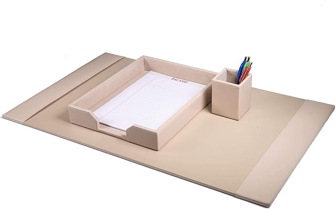 Dacasso Bonded Set Luxury Leather Desk Pad & Desk Organization Essentials, 3 Piece, White Latte