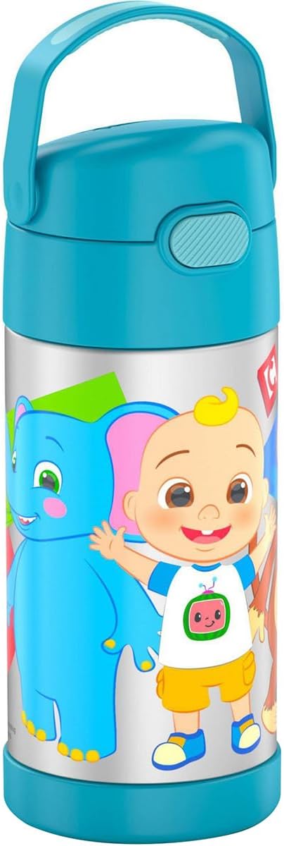 THERMOS FUNTAINER Water Bottle with Straw - 12 Ounce - Kids Stainless Steel Vacuum Insulated Water Bottle with Lid, Cocomelon