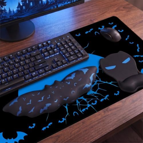 Gaming Mouse Pad XXL with Ergonomic Wrist Support Set, Bat-Themed Desk Mat &Keyboard Wrist Rest&Mouse Pad Wrist Support, Non-Slip Base Pad Set for Home, Office, PC & Laptop(Blue Eyes)