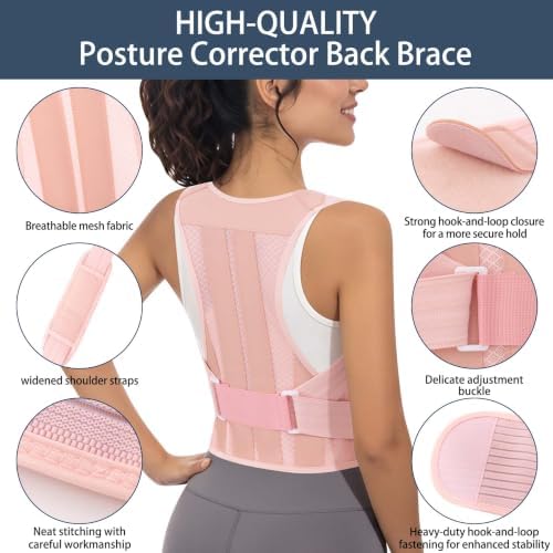 Posture Corrector for Women and Men Full Back Support Brace Adjustable Breathable Full Back Shoulder Straightener for Scoliosis (Pink, X-Large)