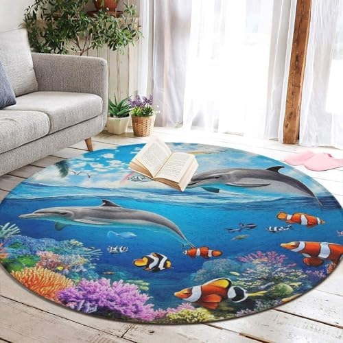 Room Sofa Yoga Soft Round Carpet, Home Decor Non Slip Kitchen Office Circle Rug, Machine Washable Modern Round Area Rug Blue Ocean Underwater World Dolphin Art, 60inch