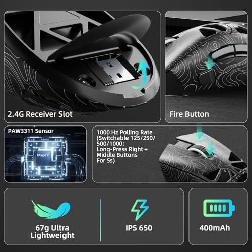 Aula SC620 Wireless Gaming Mouse, Tri-Mode 2.4GHz/USB-C/BT5.3 Computer Mouse with 12000 DPI, Programmable Macro Gamer Mouse with Rapid Fire Key, RGB Light Gaming Mice for PC/Laptop/Mac