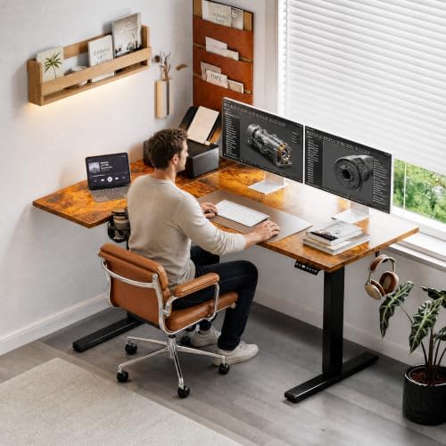 Muvai 71" L Shaped Standing Desk with Cable Tray, Reversible,Rustic Brown