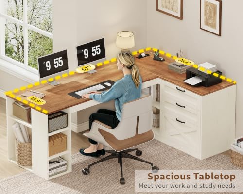 Farmhouse L Shaped Computer Desk with Drawers, Power Outlet for Home Office