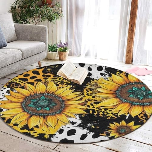 Room Sofa Yoga Soft Round Carpet, Home Decor Non Slip Kitchen Office Circle Rug, Machine Washable Modern Round Area Rug Retro Sunflowers Animal Leopard Print Art, 60inch
