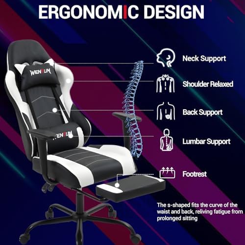 Gaming Chair with Footrest, Video Game Chair with Massage, PU Leather Computer Chair, Lumbar Support for Men Women, Home Office, Height Adjustable, Ergonomic High Back, White