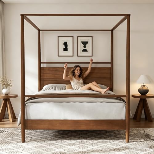 Queen Size Wood Canopy Bed Frame, Walnut Vintage Four-Posters Frames