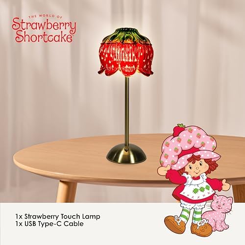 Strawberry Shortcake Touch Lamp- Red Glass Strawberry Shade, USB-C Rechargeable, 3 Dimmable Light Temperatures, LED Desk Lamp, Brush Brass Base & Pole, Cute Décor for Girls' Bedroom, Housewarming Gift