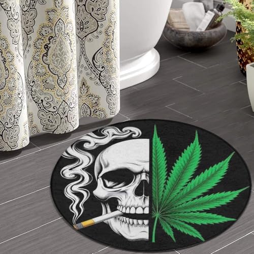 Women's Large Home Decor Mat, Soft Round Yoga Carpet, Non Slip Machine Washable Home Office Circle Rug Pot Leaf Weed Skull Smoking