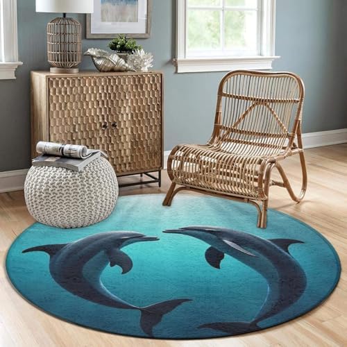 Large Home Decor Mat, Soft Round Yoga Carpet, Non Slip Machine Washable Home Office Circle Rug Dolphins