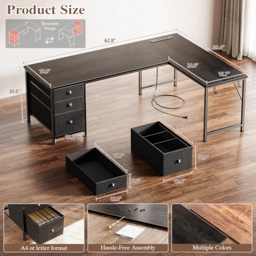 63" L Shaped Desk, Computer Corner Desk with Outlets, Black