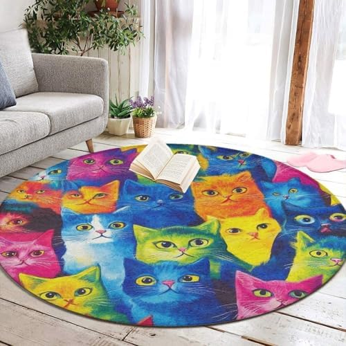 Room Sofa Yoga Soft Round Carpet, Home Decor Non Slip Kitchen Office Circle Rug, Machine Washable Modern Round Area Rug Colorful Cats Art, 36inch
