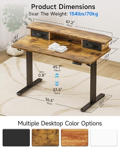 BIZUM Standing Desk with 2 Drawers Computer Desk-Stand up Desk Home Office Gaming Memory Desks C-Clamp Mount Compatible, 48x24 Inch Rustic Brown