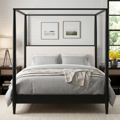 King Size Solid Wood Canopy Bed Frame with Upholstered Headboard