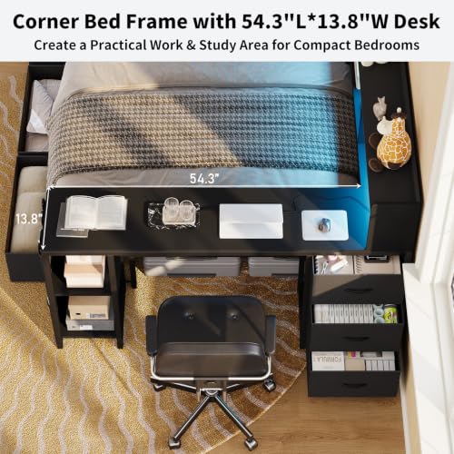 Full Corner Bed Frame with Bookcase Headboard and Hidden Storage, Black