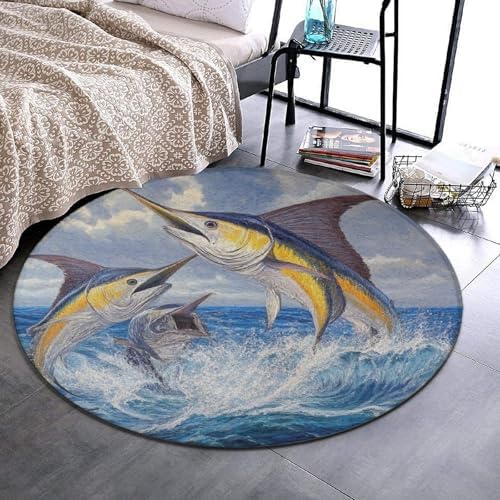 Home Decor Non Slip Kitchen Office Circle Rug, Machine Washable Modern Round Area Rug, Room Sofa Yoga Soft Round Carpet Whimsical Fish Painting, 36inch