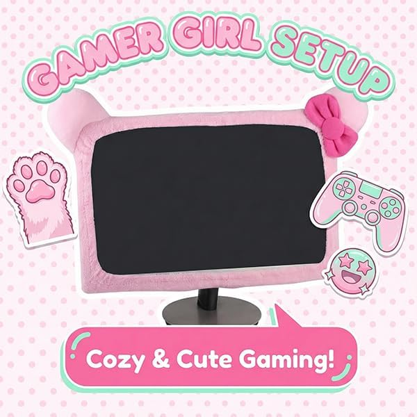 Monfurise 1 Pcs Cute Cat Ear Computer Monitor Cover, Kawaii Pink Dustproof Screen Protector for 20-29 Inch Display, Soft Elastic Fabric Monitor Dust Cover for Girl Gamers, Home Office Desk Decor