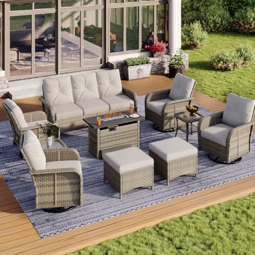 10-Piece Wicker Rattan Patio Furniture Set with 44" Fire Pit Table