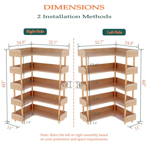 5-Tier Reversible Corner Bookshelf, L-Shaped Shelf, Oak