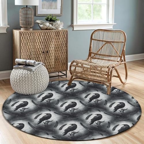 Home Decor Non Slip Kitchen Office Circle Rug, Machine Washable Modern Round Area Rug, Room Sofa Yoga Soft Round Carpet Black Crow Raven