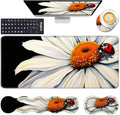 Keyboard Wrist Rest and Mouse Pad with Wrist Support Set Ergonomic Coaster,Memory Foam,Easy Typing Pain Relief,Large XL Desk Mat 31.5"x 11.8",Ladybug on Daisy Flower