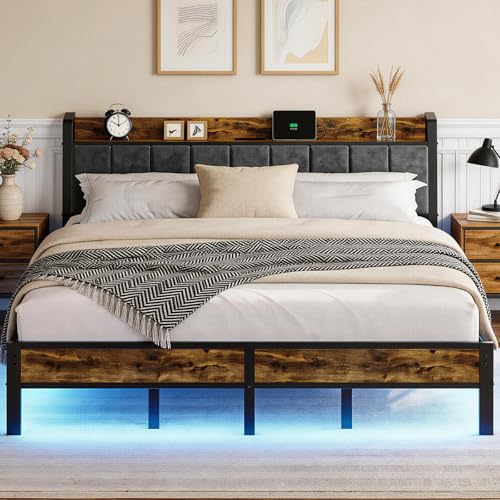 King Size Bed Frame with Charging Station, Storage Headboard