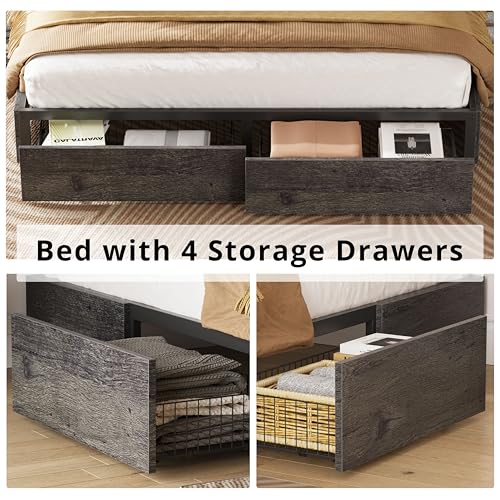 King Bed Frame with 4 Storage Drawers, Charcoal Grey