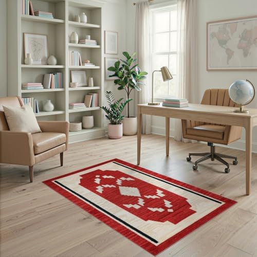 4'x6' Red Ivory Cat Crimson Boho Geometric Washable Area Rug