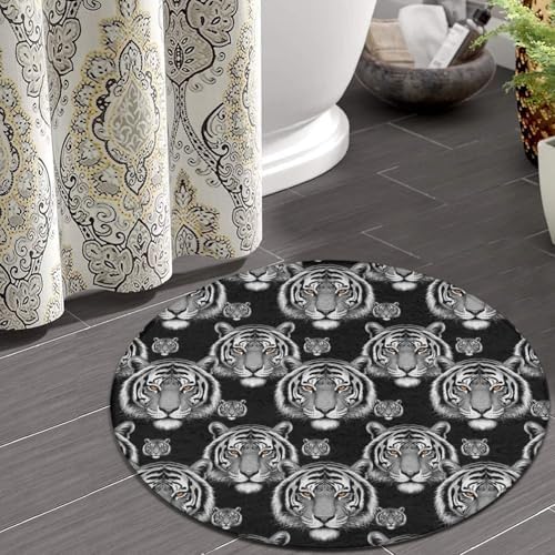 Soft Round Yoga Carpet, Large Home Decor Mat, Non Slip Machine Washable Kitchen Office Circle Rug Animal Tiger Black, 36inch