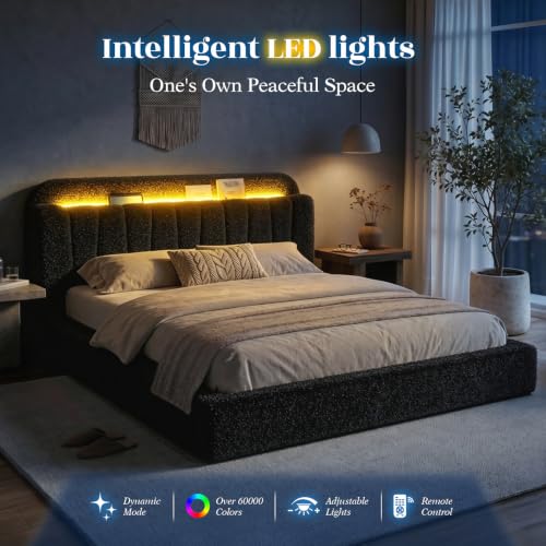 Cloud Bed Frame King with Storage Headboard & LED Lights, Black