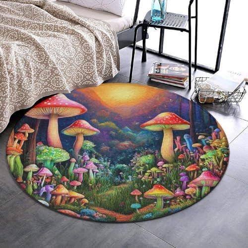 Large Round Area Rug Home Decor Modern Bathroom Rug Kitchen Office Circle Rug for Living Room Sofa Circle Cute Mat Trippy Mushroom Magic World Art, 60inch