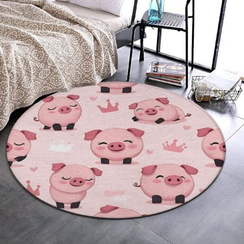 Large Home Decor Mat, Soft Round Yoga Carpet, Non Slip Machine Washable Home Office Circle Rug Cute Pig Pink