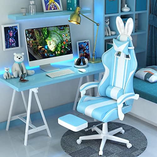 Ferghana Kawaii Light Blue Gaming Chair with Bunny Ears, Ergonomic Cute Gamer Chair with Footrest and Massage, Racing Reclining Leather Computer Game Chair 250lbs for Girls Adults Teens Kids